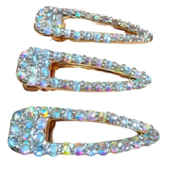 Women’s Large Rhinestone Hair Clip Barrettes with Gold Back Lot of 3 Set. - Picture 1 of 4